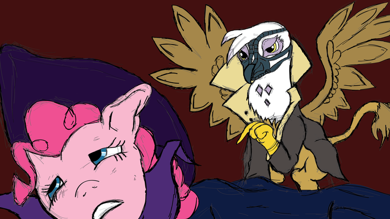 Size: 900x506 | Tagged: grimdark, artist:steamchaserbrony, derpibooru import, gilda, mare do well, pinkie pie, gryphon, bane, batman, parody, the dark knight rises