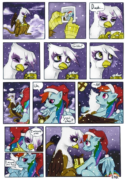 Size: 1142x1600 | Tagged: safe, artist:crookedtrees, derpibooru import, gilda, rainbow dash, gryphon, pegasus, pony, blushing, cloud, comic, crying, duo, duo female, female, gildash, good end, hat, hug, image, jpeg, lesbian, looking at each other, mare, photo, present, santa hat, shipping, snow, snowfall