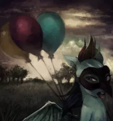 Size: 558x600 | Tagged: artist:crookedtrees, balloon, derpibooru import, mask, rainbow dash, semi-grimdark, surreal