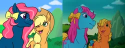 Size: 1000x383 | Tagged: safe, artist:calicopikachu, derpibooru import, screencap, applejack, applejack (g1), bowtie (g1), earth pony, pony, rescue at midnight castle, bow, comparison, cowboy hat, duo, female, freckles, g1, g1 to g4, generation leap, hair bow, hat, mare, stetson
