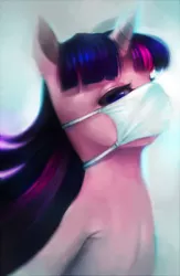 Size: 488x750 | Tagged: dead source, safe, artist:crookedtrees, derpibooru import, twilight sparkle, pony, unicorn, solo, surgical mask, surreal, unicorn twilight