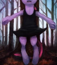 Size: 521x600 | Tagged: safe, artist:crookedtrees, derpibooru import, twilight sparkle, pony, bipedal, clothes, dress, forest, solo, surreal