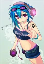 Size: 1665x2415 | Tagged: artist:drossloveyaoi, belly button, cd player, clothes, derpibooru import, female, headphones, human, humanized, looking at you, midriff, peace sign, safe, shorts, solo, tanktop, vinyl scratch