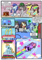 Size: 868x1228 | Tagged: safe, artist:madmax, derpibooru import, rainbow dash, trixie, oc, oc:madmax, oc:manny mustaches, oc:sarge sprinkles, oc:squeak, earth pony, pegasus, pony, unicorn, always, artifact, comic, cutie mark, drive thru, erasure, female, glasses, happy meal, helmet, male, mare, mcdonald's, milestone celebration, moustache, pacce, pacce of many mustaches, pipe, ponysona, red nose, robot unicorn attack, sethisto, song reference, stallion, sunglasses, toy, van