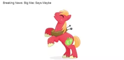 Size: 770x373 | Tagged: safe, derpibooru import, big macintosh, earth pony, pony, breaking news, eyes closed, male, maybe, open mouth, peter new, rearing, simple background, smiling, solo, stallion, white background