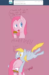 Size: 894x1376 | Tagged: safe, artist:voids-edge, derpibooru import, derpy hooves, pinkie pie, pegasus, pony, fanfic:cupcakes, ask, comic, female, mare, muffin, pinkamena diane pie, question pinkamena, tumblr