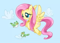 Size: 711x513 | Tagged: safe, artist:delico, derpibooru import, fluttershy, bird, pegasus, pony, cloud, female, flying, looking at something, mare, sky, smiling, solo, spread wings, wings