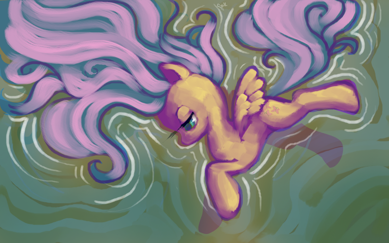 Size: 1280x800 | Tagged: safe, artist:karnella, derpibooru import, fluttershy, pegasus, pony, female, lidded eyes, looking away, mare, profile, side, solo, spread out hair, spread wings, water, wings