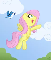 Size: 1200x1400 | Tagged: safe, artist:scritchy, derpibooru import, fluttershy, bird, pegasus, pony, cloud, female, flying, looking at something, looking away, mare, open mouth, outdoors, pointing, reaching, sky, smiling, solo, spread wings, wings