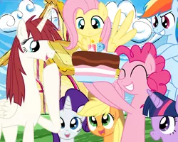 Size: 1280x1024 | Tagged: applejack, artist:frankier77, derpibooru import, fluttershy, happy birthday lauren faust, lauren faust, mane six, oc, oc:fausticorn, pinkie pie, rainbow dash, rarity, safe, twilight sparkle