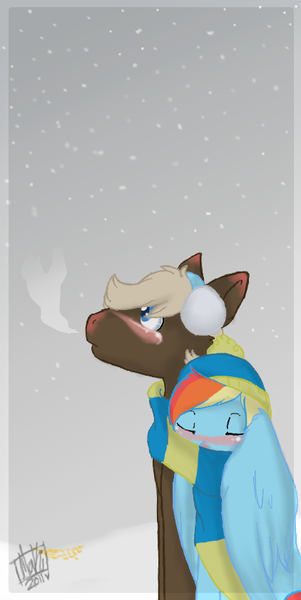 Size: 422x840 | Tagged: safe, artist:flow3r-child, derpibooru import, dumbbell, rainbow dash, pegasus, pony, billy, clothes, dumbdash, earmuffs, female, male, scarf, shipping, snow, straight