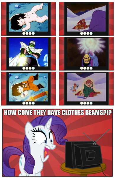 Size: 1050x1620 | Tagged: safe, artist:irie-mangastudios, derpibooru import, rarity, pony, clothes beam, crossover, dragon ball, exploitable meme, fashion beam, gohan, he-man, hilarious in hindsight, meme, parody, piccolo (dbz), skeletor, tv meme