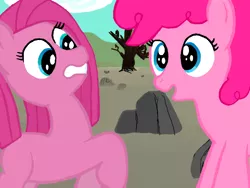 Size: 680x512 | Tagged: derpibooru import, duality, pinkamena diane pie, pinkie pie, safe, shocked, smiling