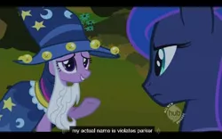 Size: 640x400 | Tagged: derpibooru import, hub logo, luna eclipsed, princess luna, safe, screencap, star swirl the bearded, twilight alias, twilight sparkle, violates parker, youtube caption