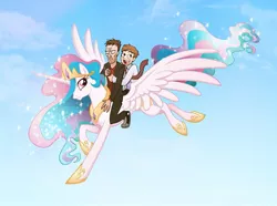 Size: 859x640 | Tagged: artist:la-nita, crossover, derpibooru import, disappointed, flying, gregory house, grin, grumpy, house m.d., human, :i, james wilson, open mouth, princess celestia, riding, safe, smiling, sparkles, spread wings, wide eyes