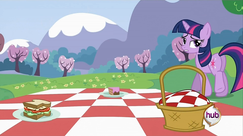 Size: 1920x1080 | Tagged: safe, derpibooru import, screencap, twilight sparkle, pony, a canterlot wedding, cake, female, food, mare, picnic, plot, sandwich, solo