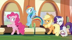 Size: 1920x1080 | Tagged: safe, derpibooru import, screencap, applejack, pinkie pie, rainbow dash, rarity, pony, a canterlot wedding, against wall, faic, female, invisible stallion, mare, out of context, plot, train