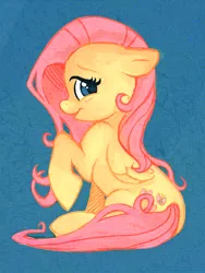 Size: 600x800 | Tagged: dead source, safe, artist:feyrah, derpibooru import, fluttershy, pegasus, pony, floppy ears, folded wings, looking at you, looking back, looking back at you, looking sideways, raised hoof, sitting, smiling, solo, wings