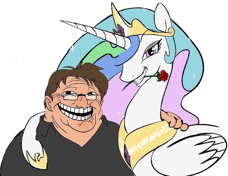 Size: 800x616 | Tagged: artist:zev, derpibooru import, gabe newell, meme, princess celestia, safe, trollestia, trollface, valve