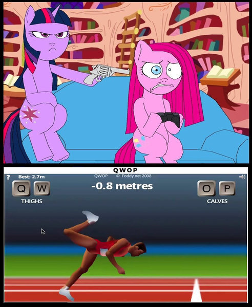 Size: 878x1071 | Tagged: derpibooru import, exploitable meme, gun meme, meme, pinkie pie, qwop, safe, twilight sparkle