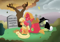 Size: 1000x696 | Tagged: safe, artist:willdrawforfood1, derpibooru import, edit, apple bloom, applejack, big macintosh, granny smith, earth pony, pony, crying, grave, grave meme, gravestone, here lies squidward's hopes and dreams, hug, male, one krabs trash, spongebob squarepants, squidward tentacles, stallion, what a baby