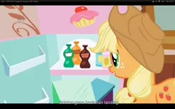 Size: 1680x1050 | Tagged: applebuck season, applejack, derpibooru import, ei, gene hackman, hub logo, safe, screencap, solo, youtube caption