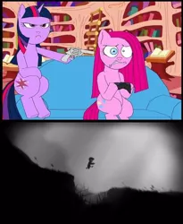 Size: 409x498 | Tagged: derpibooru import, exploitable meme, gun meme, limbo, meme, pinkie pie, safe, twilight sparkle