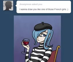 Size: 465x400 | Tagged: artist:7nights, ask, ask human luna, beret, derpibooru import, draw me like one of your french girls, human, humanized, human luna, princess luna, s1 luna, safe, solo, wine