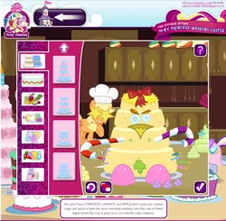 Size: 1016x994 | Tagged: applejack, bow, cake, candy, candy cane, derpibooru import, food, game, grin, princess cadance, safe, smiling, wedding, wedding cake creator