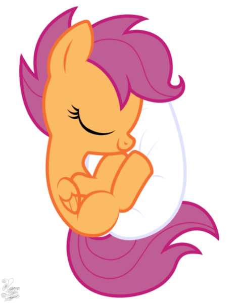 Size: 555x695 | Tagged: artist:niggerfaggot, cute, cutealoo, derpibooru import, egg, pillow, safe, scootachicken, scootaloo, simple background, sleeping, solo, transparent background