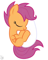 Size: 555x695 | Tagged: artist:niggerfaggot, cute, cutealoo, derpibooru import, egg, pillow, safe, scootachicken, scootaloo, simple background, sleeping, solo, transparent background