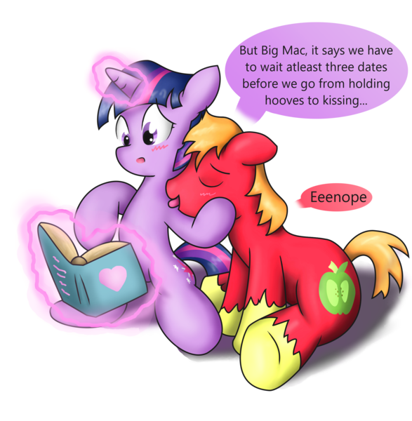 Size: 1952x1995 | Tagged: suggestive, artist:041744, derpibooru import, big macintosh, twilight sparkle, earth pony, pony, blushing, book, cute, funny, licking, magic, male, shipping, stallion, straight, tongue out, twimac