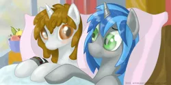 Size: 1280x640 | Tagged: safe, artist:munkari, derpibooru import, oc, oc:homage, oc:littlepip, unofficial characters only, pony, unicorn, fallout equestria, fanfic, bed, fanfic art, female, fruit, mare, oc x oc, pillow, pipbuck, shipping