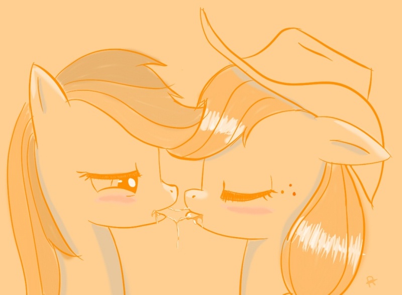 Size: 833x611 | Tagged: artist needed, suggestive, derpibooru import, applejack, rainbow dash, appledash, blushing, drool, drool string, female, kissing, lesbian, love, making out, partial color, shipping, sloppy kissing