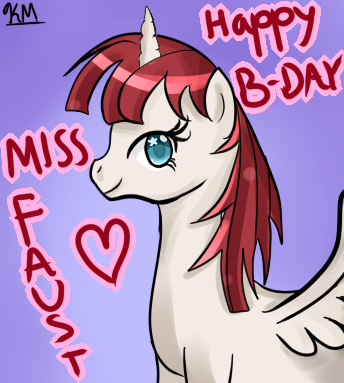 Size: 344x383 | Tagged: safe, artist:pklove-chan, derpibooru import, oc, oc:fausticorn, unofficial characters only, alicorn, pony, birthday, gradient background, happy birthday, happy birthday lauren faust, lauren faust, solo