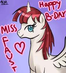 Size: 344x383 | Tagged: safe, artist:pklove-chan, derpibooru import, oc, oc:fausticorn, unofficial characters only, alicorn, pony, birthday, gradient background, happy birthday, happy birthday lauren faust, lauren faust, solo