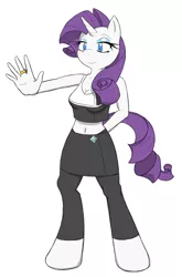 Size: 650x983 | Tagged: anthro, artist:jase1505, belly button, clothes, derpibooru import, eyeshadow, female, makeup, mare, midriff, rarity, ring, safe, simple background, smiling, solo, unguligrade anthro, white background