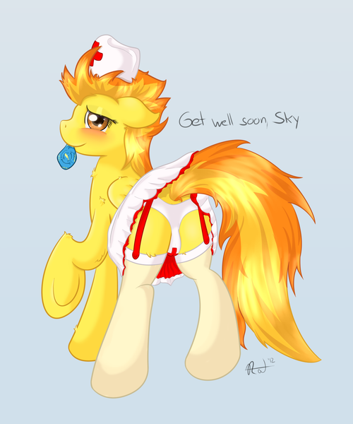 Size: 1219x1462 | Tagged: questionable, artist:ratofdrawn, derpibooru import, spitfire, pony, butt, cameltoe, clothes, condom, condom in mouth, female, mouth hold, nurse, panties, plot, solo, solo female, underwear
