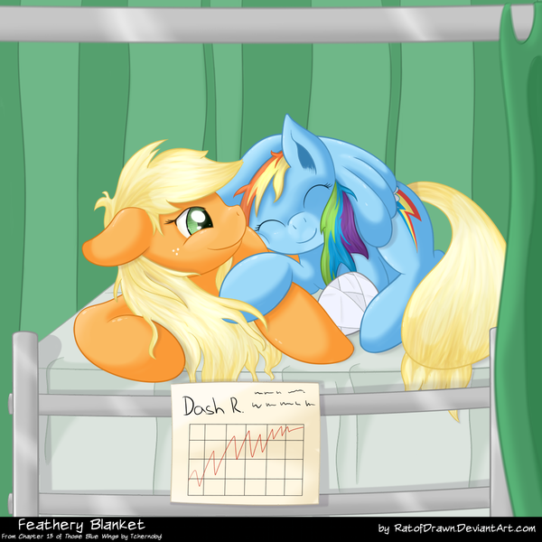 Size: 1046x1046 | Tagged: safe, artist:ratofdrawn, derpibooru import, applejack, rainbow dash, fanfic, fanfic:those blue wings, appledash, bandage, bed, female, hospital, lesbian, love, shipping