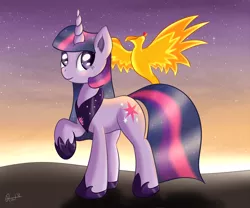 Size: 1200x1000 | Tagged: safe, artist:ratofdrawn, derpibooru import, peewee, twilight sparkle, phoenix, pony, unicorn, duo, ethereal mane, female, hoof shoes, jewelry, mare, older, peytral, princess, raised hoof, regalia, signature, spread wings, starry mane, twilight (astronomy), unicorn twilight, wings