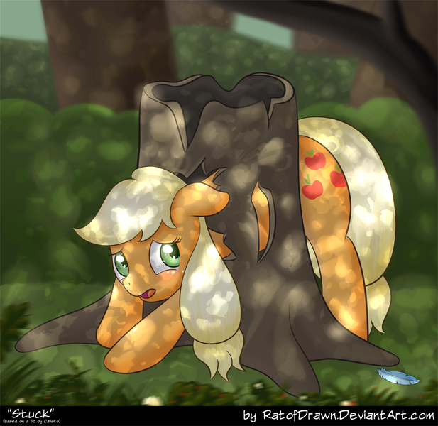 Size: 1000x973 | Tagged: safe, artist:ratofdrawn, derpibooru import, applejack, pony, fanfic, fanfic:stuck, butt, buttstuck, clopfic, crying, dappled sunlight, fanfic art, feather, forest, implied rainbow dash, sad, silly, silly pony, solo, stuck, tree, tree stump, worried