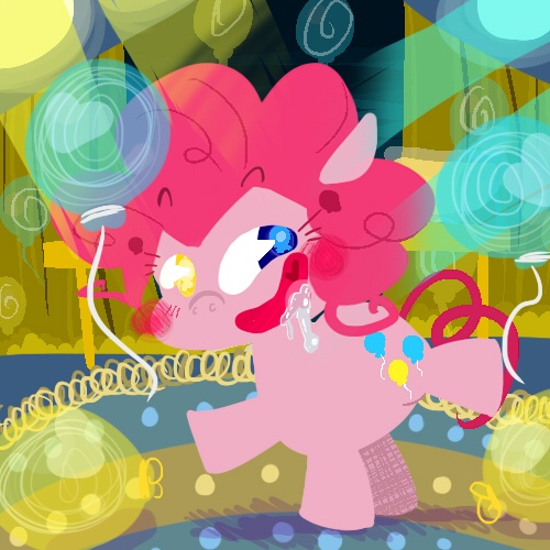 Size: 500x500 | Tagged: safe, artist:krystal's art blog, derpibooru import, pinkie pie, earth pony, pony, balloon, blushing, drool, female, mare, solo