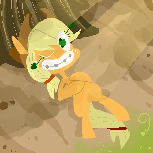 Size: 500x500 | Tagged: applejack, artist:krystal's art blog, artist:krystal-the-fox, braces, derpibooru import, grin, on back, safe, solo, wink