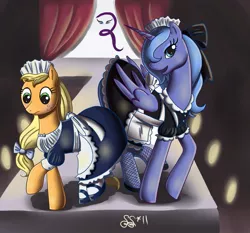 Size: 1081x1006 | Tagged: applejack, artist:alipes, clothes, derpibooru import, maid, mary janes, ponibooru import, princess luna, s1 luna, safe