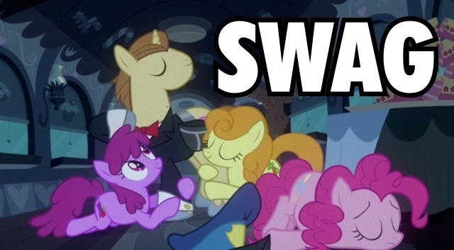 Size: 640x353 | Tagged: safe, derpibooru import, edit, edited screencap, screencap, berry punch, berryshine, carrot top, con mane, donut joe, golden harvest, pinkie pie, earth pony, pony, unicorn, mmmystery on the friendship express, caption, female, image macro, male, mare, stallion, swag