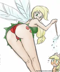 Size: 833x1000 | Tagged: suggestive, artist:johnjoseco, artist:michos, color edit, derpibooru import, edit, applejack, fairy, human, pony, applebutt, breasts, busty applejack, clothes, colored, cosplay, costume, crossover, cutie mark on human, female, female focus, females only, human ponidox, humanized, panties, solo focus, tinkerbell, underwear