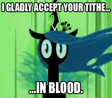 Size: 388x339 | Tagged: safe, derpibooru import, edit, edited screencap, screencap, queen chrysalis, changeling, changeling queen, a canterlot wedding, double (skullgirls), female, image, image macro, jpeg, looking at you, skullgirls, slit eyes, solo