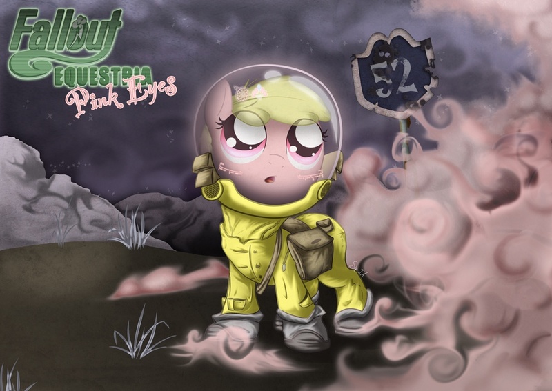 Size: 1067x756 | Tagged: safe, artist:sip, derpibooru import, oc, oc:puppysmiles, unofficial characters only, earth pony, pony, fallout equestria, fallout equestria: pink eyes, fanfic, canterlot ghoul, fallout, fanfic art, female, filly, foal, hazmat suit, heads up display, hooves, open mouth, pink cloud (fo:e), route 52, saddle bag, solo, text