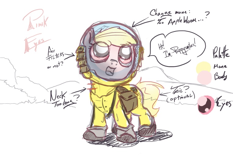 Size: 762x540 | Tagged: safe, artist:sip, derpibooru import, oc, oc:puppysmiles, unofficial characters only, earth pony, ghoul, pony, fallout equestria, fallout equestria: pink eyes, fanfic, canterlot ghoul, fallout, fanfic art, female, filly, foal, hazmat suit, hooves, implied apple bloom, open mouth, saddle bag, sketch, solo, text