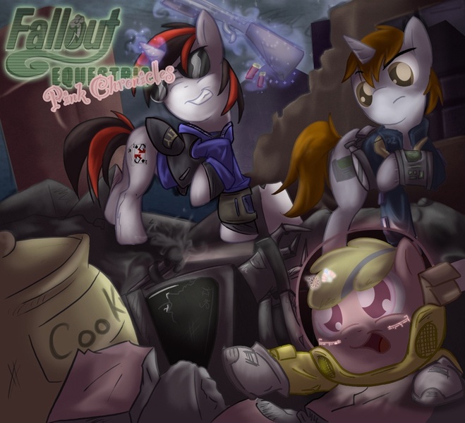 Size: 779x709 | Tagged: safe, artist:sip, derpibooru import, oc, oc:blackjack, oc:littlepip, oc:puppysmiles, unofficial characters only, earth pony, ghoul, pony, unicorn, fallout equestria, fallout equestria: pink eyes, fallout equestria: project horizons, fanfic, bullybot, canterlot ghoul, clothes, cookie jar, fallout, fanfic art, female, filly, foal, food, glowing horn, gun, handgun, hazmat suit, horn, levitation, magic, mare, pipbuck, pipleg, revolver, telekinesis, vault suit, weapon, xk-class end-of-the-world scenario